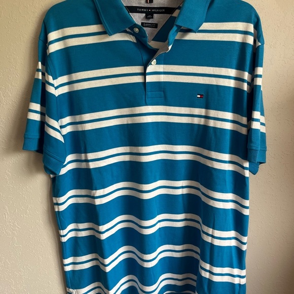 Men’s Blue And White Striped Tommy Hilfiger Short Sleeve Classic Fit Polo Size L - Picture 1 of 5